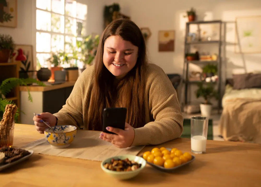 mulher obesa iniciando sua jornada de mudança de hábitos alimentares